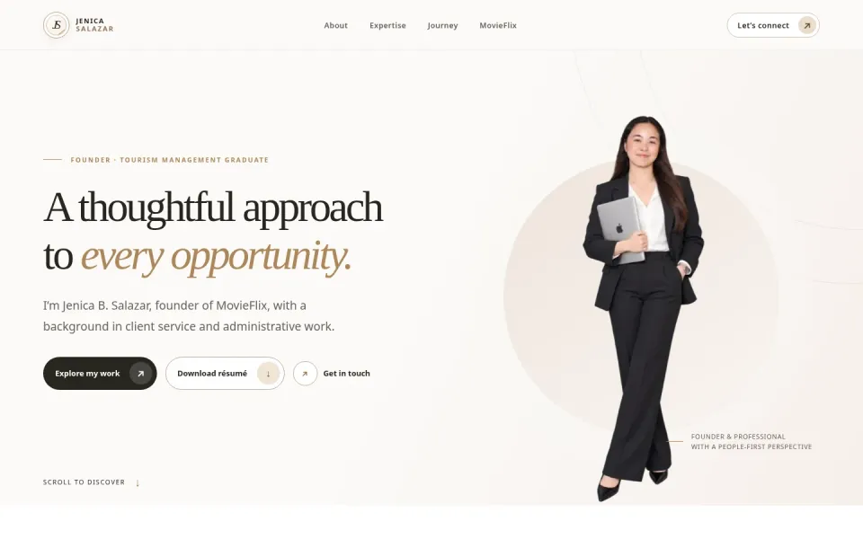 Jenica Salazar's portfolio homepage with her portrait and professional introduction