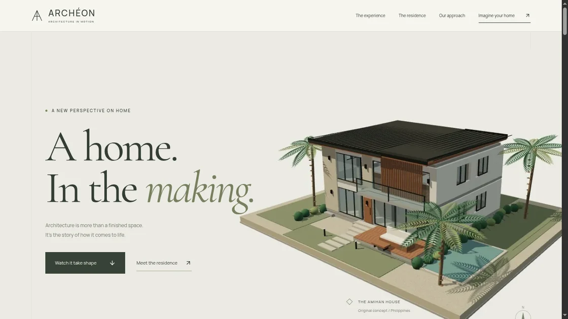 archeon — An architecture portfolio demo with a scroll-driven 3D construction sequence, interactive house exploration, and illustrative tropical-modern floor plans.