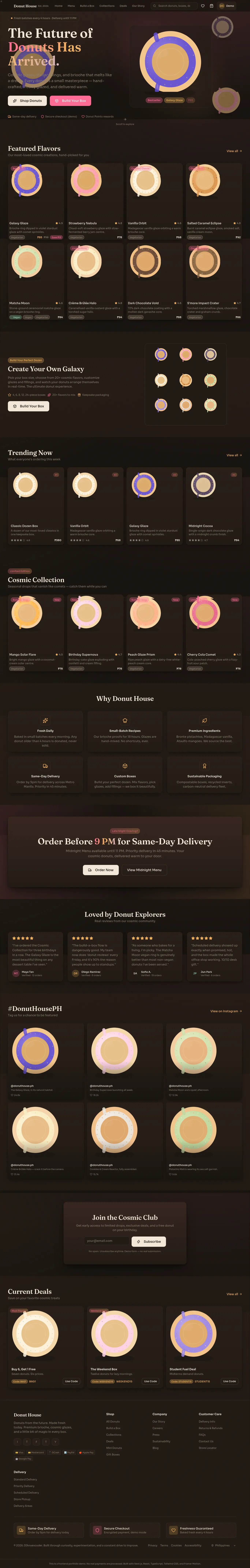 Donut House — A premium cosmic bakery storefront with a rich product catalog, custom donut boxes, persistent shopping tools, and a complete demonstration checkout.
