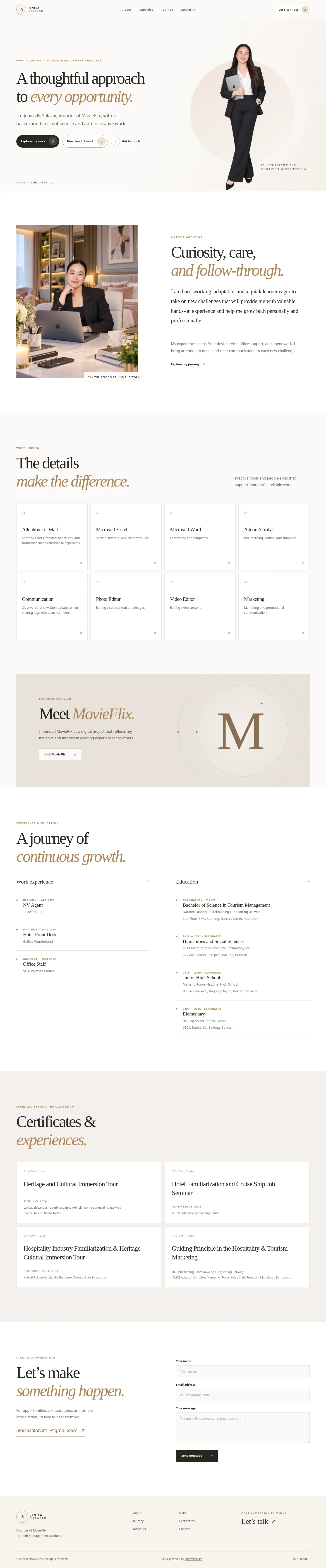 Jenica Salazar's Portfolio — A personal portfolio for Jenica B. Salazar, introducing her professional story, experience, skills, and MovieFlix venture.