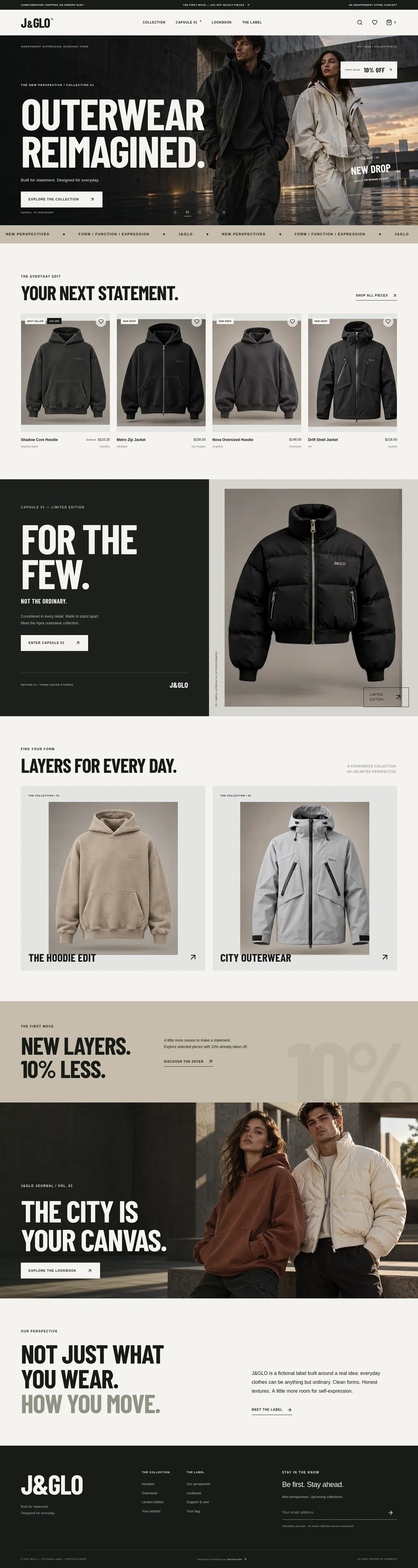 J&GLO — A premium fictional streetwear storefront with an interactive portfolio store demo.