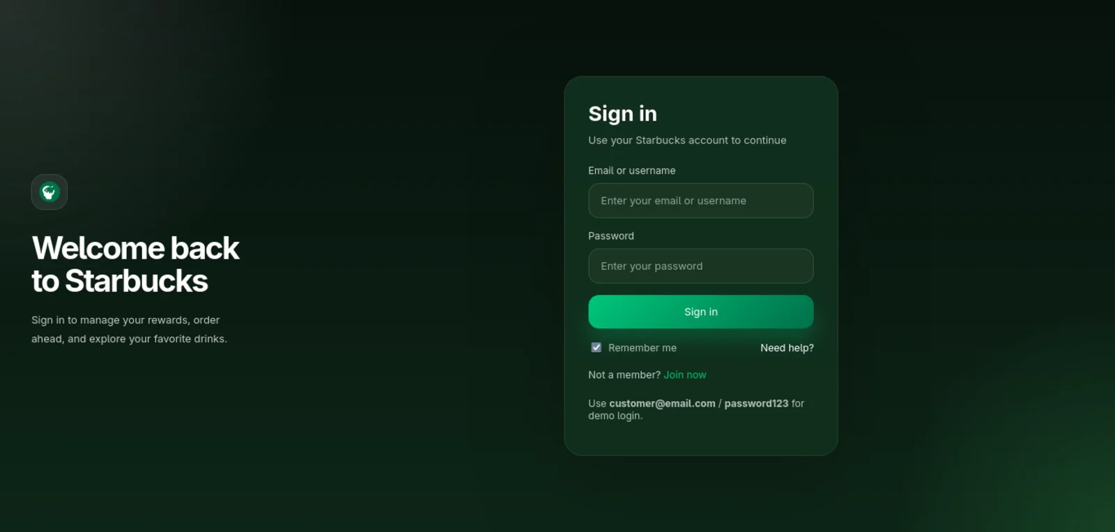 Starbucks Login — An unofficial Starbucks-inspired login page demo — a functional UI concept with working form validation.