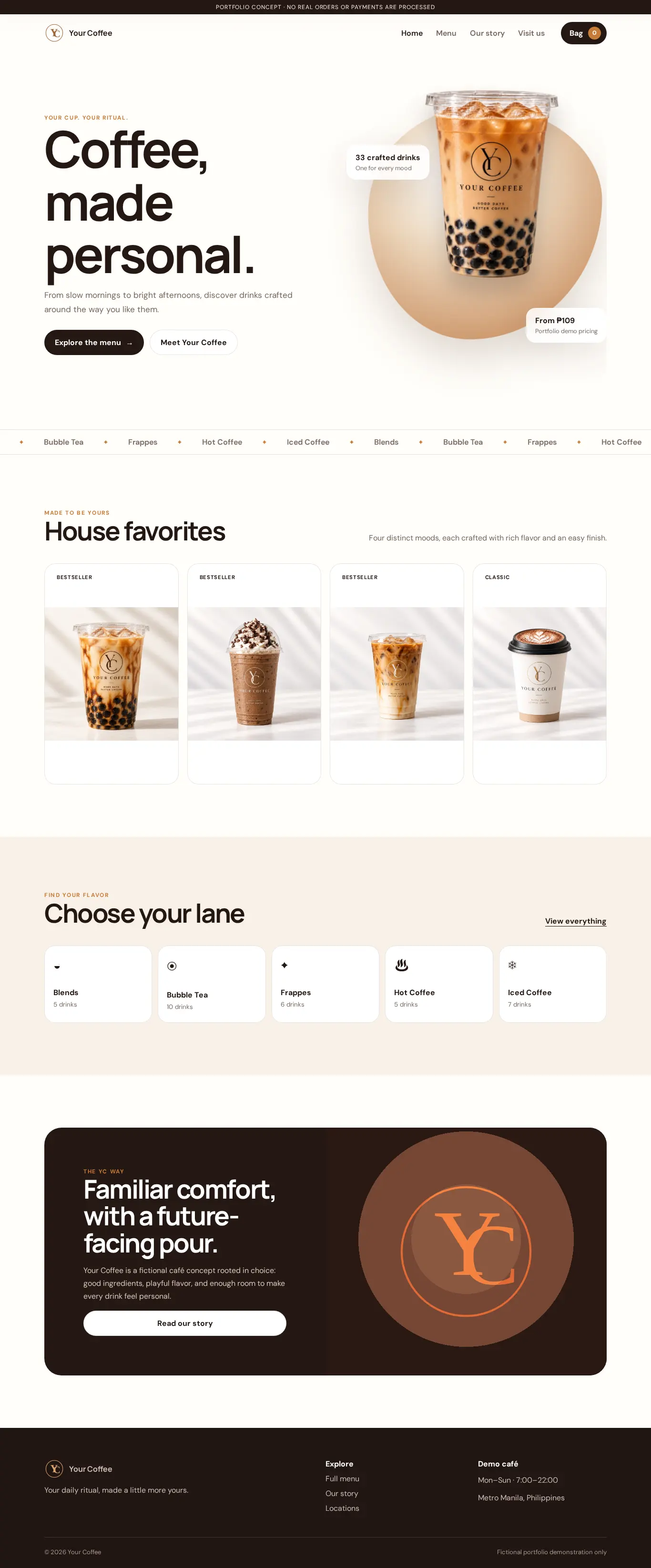 Your Coffee — A responsive café ordering concept with 33 crafted drinks, flexible customization, local cart persistence, and a complete demonstration checkout.