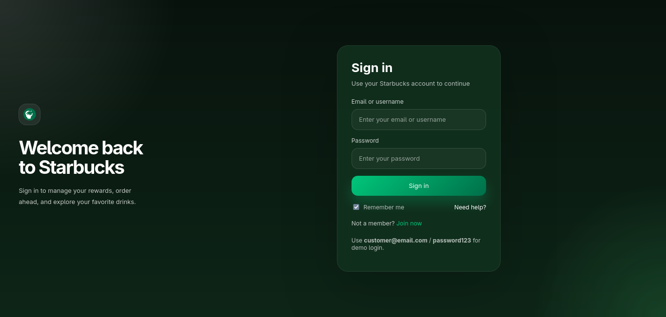 Starbucks Login interface screenshot